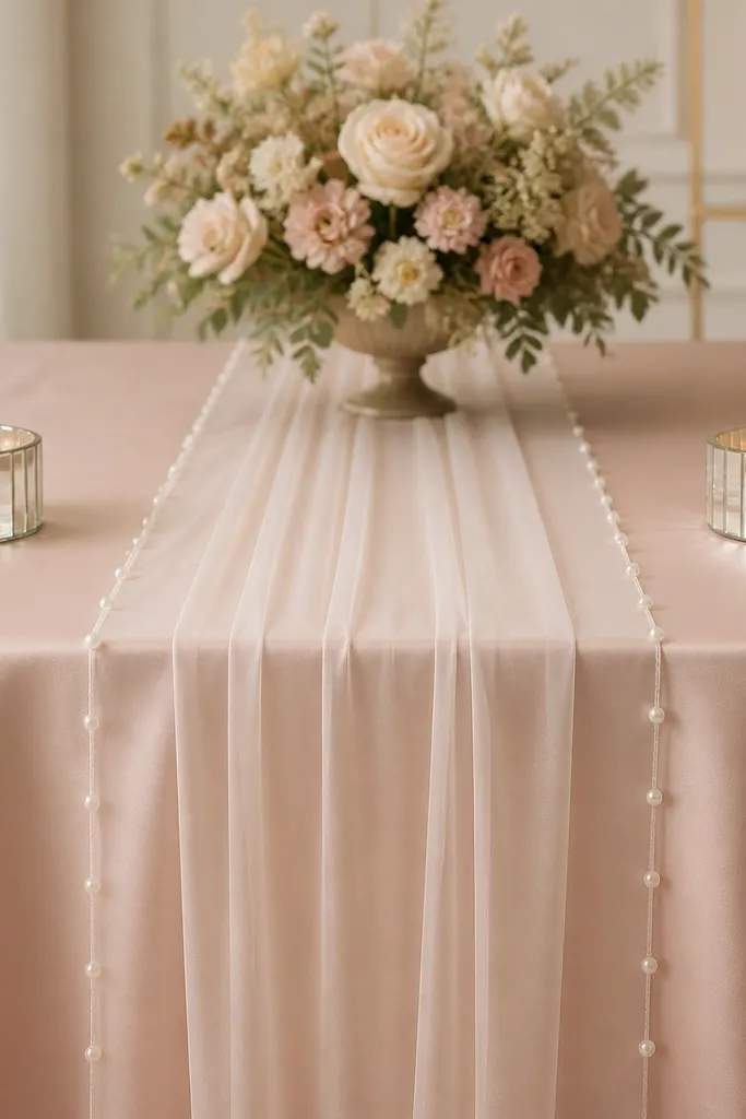 A blush satin tablecloth with a centered sheer chiffon runner. The runner edge has small pearl picks spaced evenly, and two low mirrored candle holders sit left and right near the front corners.