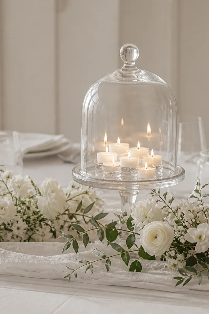 A monochrome white table with a subtle runner. A clear glass cloche sits on a pedestal near the center, with micro candles glowing inside. White flowers and greenery sit low around the base.