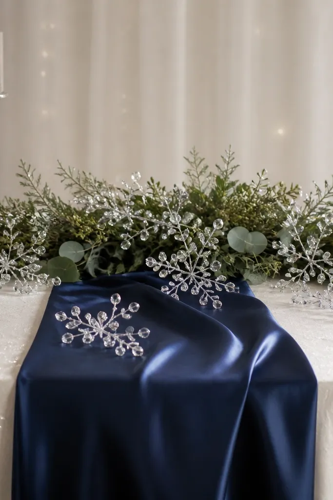 A navy satin runner over an ivory base. Silver crystal picks are scattered along the runner and tucked into greenery. Two tall candle holders sit at the back corners, and the table has small star-like shimmer.