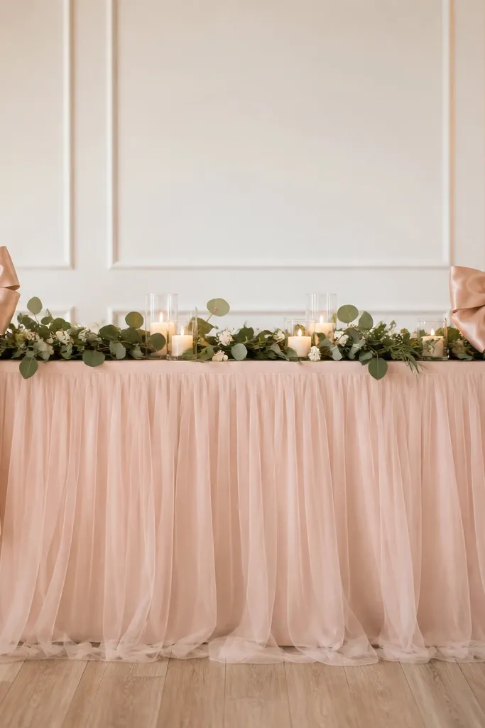 A blush tablecloth with a tulle skirt draped around the sides. Two oversized bows sit at the back corners of the table, with greenery and small candles between them.