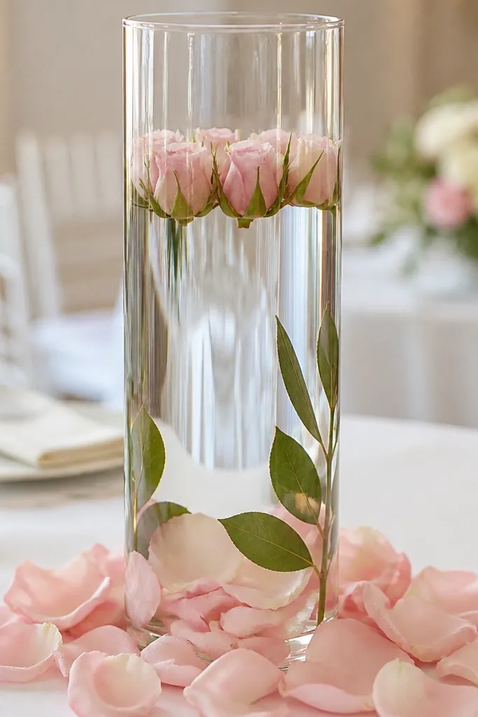 A tall clear glass cylinder centerpiece on a white tablecloth. Water inside holds small rose buds floating near the top, with a ring of pale pink petals around the base and a few green leaves tucked along the inner wall.
