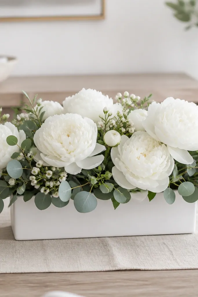 A rectangular matte white ceramic box centerpiece. Inside are thick eucalyptus sprigs, layered white peonies, and small buds tucked between. The arrangement sits centered on a neutral linen runner.