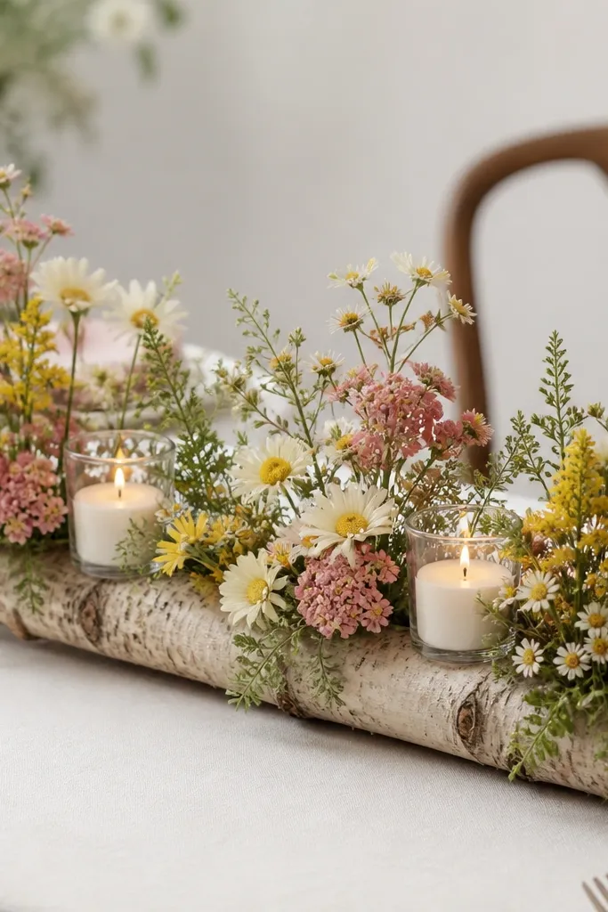 A centerpiece built on a short birch branch log. Small candle cups sit between clusters of wildflower-style blooms in yellow, cream, and dusty pink, with tiny green sprigs filling gaps.
