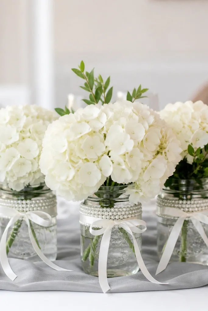 Three mason jars wrapped with thin pearl trim and tied with narrow satin ribbon. Each jar has a cluster of white hydrangea and small green leaves, arranged on a soft gray table runner.