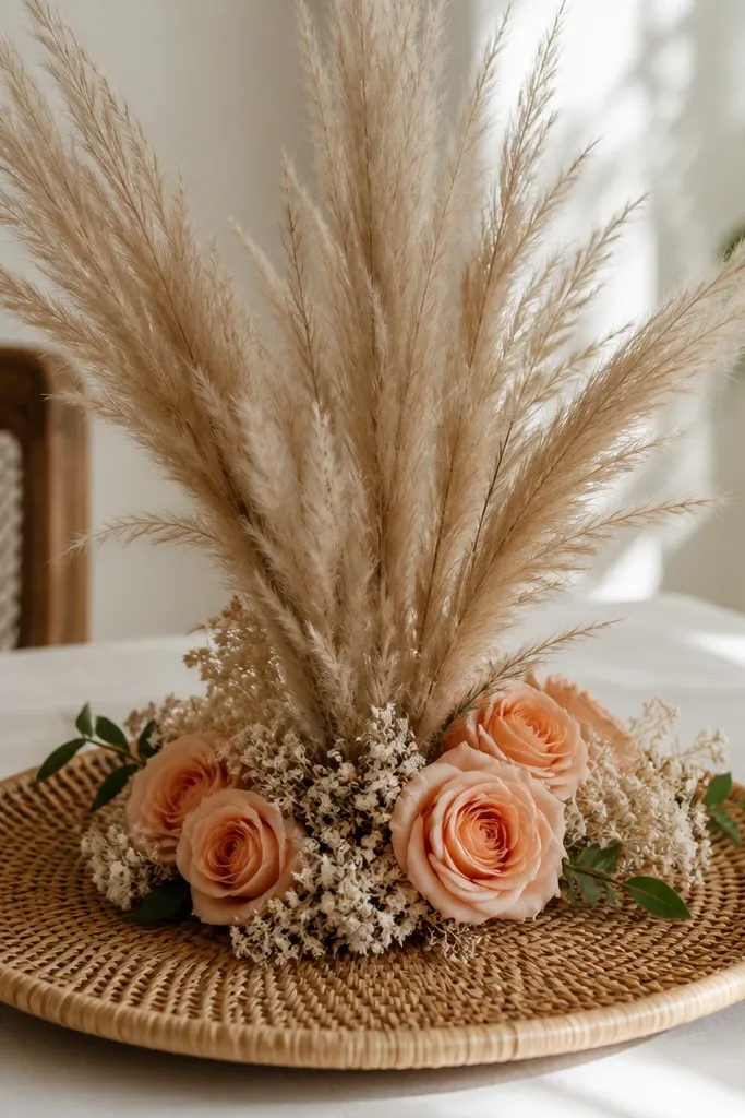 A rattan charger on a table with dried pampas plumes rising from the center. Peach roses sit at the base, with small cream filler flowers and a few green leaves.