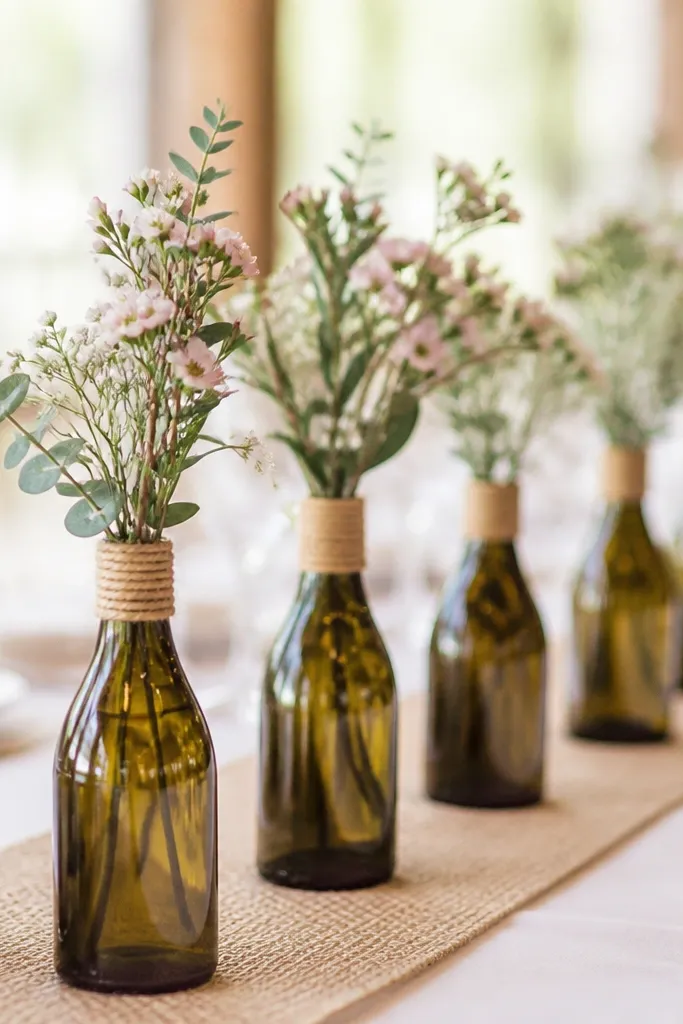 A row of small wine bottles used as bud vases on a long table. Each bottle has a twine wrap at the neck and holds a few stems with small blooms and greenery.