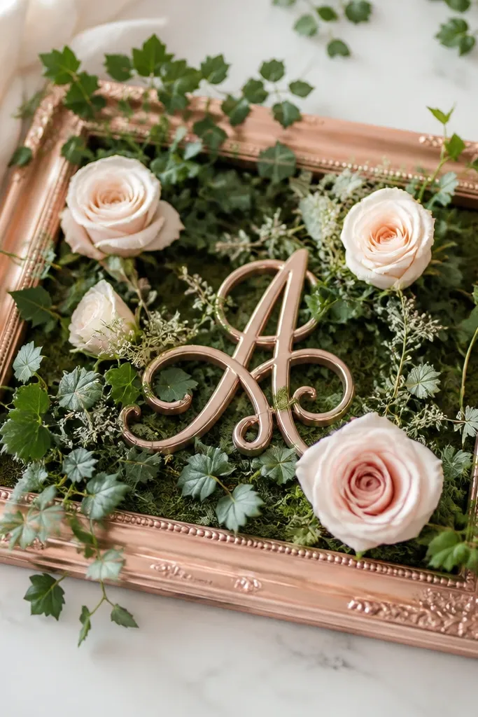 A rose gold picture frame laid flat as a tray. Inside are small vines and greenery, with a few blush roses and a decorative monogram element in the center.