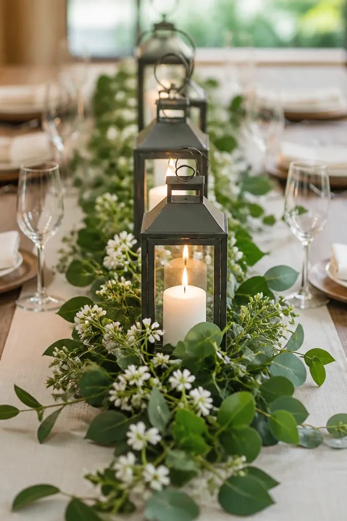 A long table runner with a green garland down the center. Several lanterns hold candles, and small white blossoms are tucked into the greenery along the length.