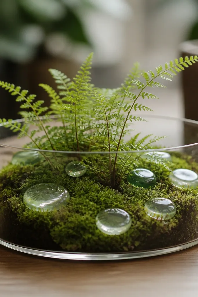 A small open terrarium on a table with moss covering the base. Tiny fern fronds rise from the moss, and flat glass rounds sit like decorative stones.