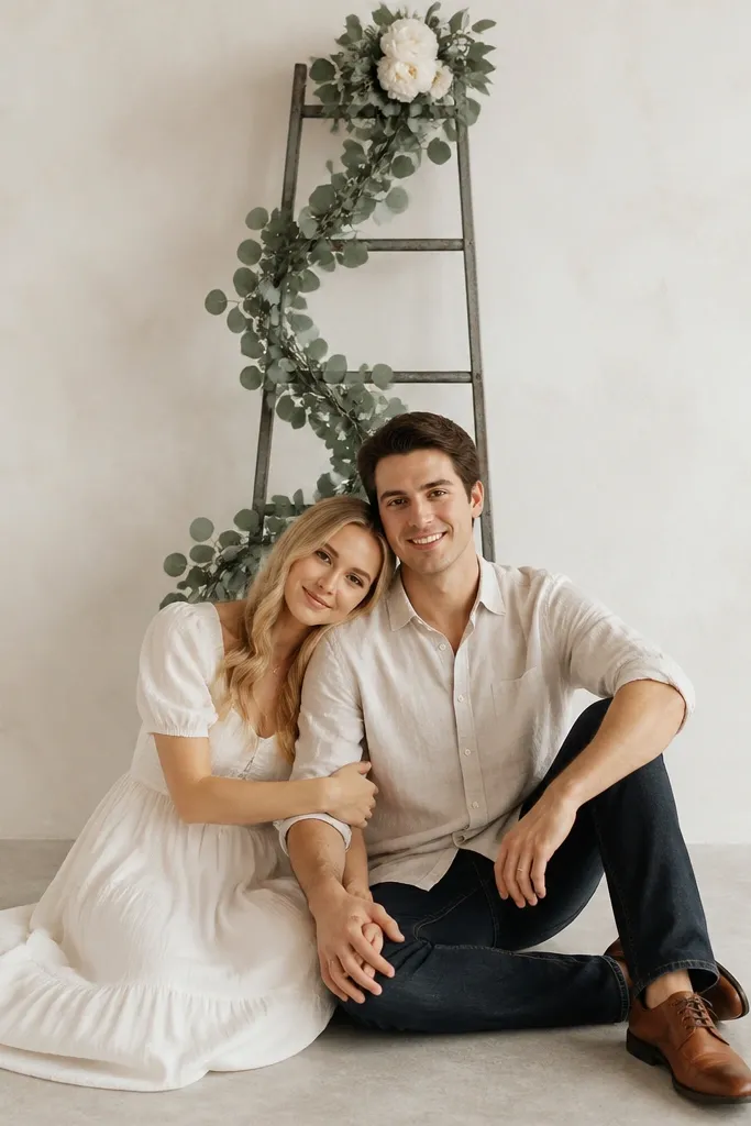 A simple metal ladder leaned upright behind the couple, wrapped with matte faux eucalyptus garland in a loose S-shape, with a small cluster of white blooms at the top rung.