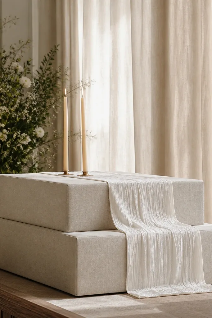 Two stacked risers on the stage made from milk crates, wrapped in beige linen with neat corners, topped with a runner and two slim pillar candles.