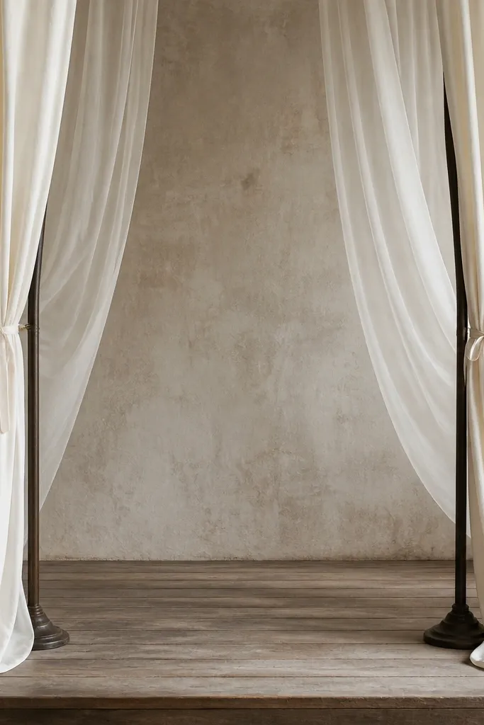 Two side columns of fabric on stage: heavy ivory crepe draped down and a lighter gauze layer floating behind it, tied to black stands with ribbon.