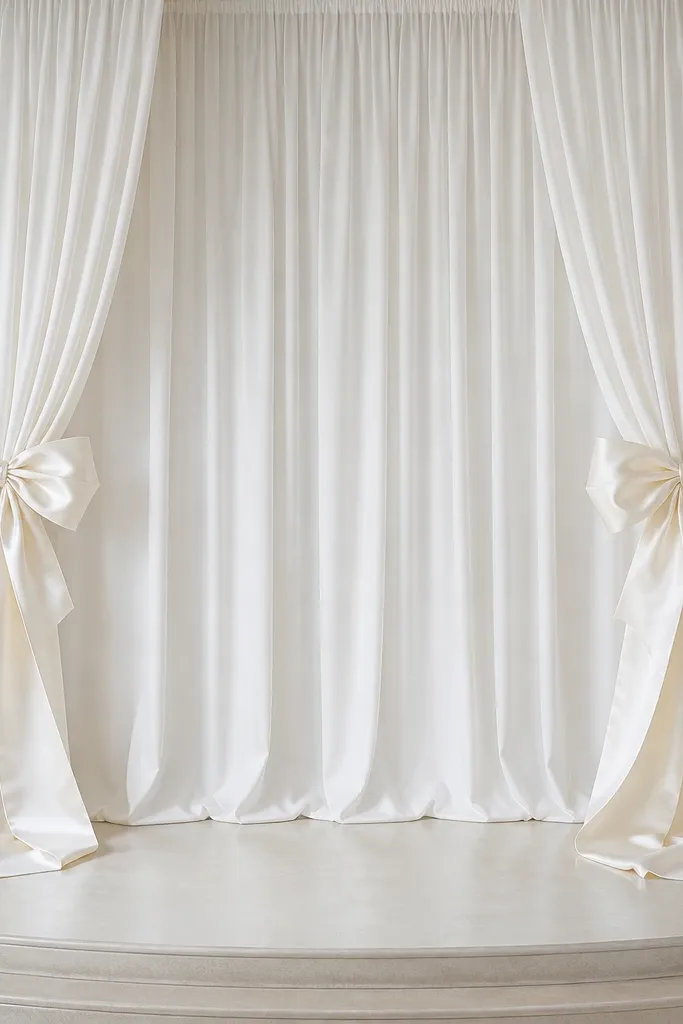 Plain white curtains on stage with thick satin ribbon tied into oversized bows at each side, and the ends falling toward the floor.