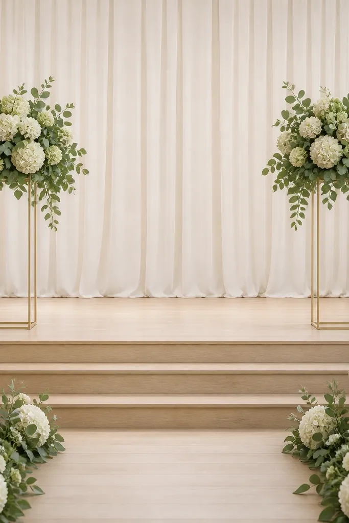 Two matching square-shaped floral clusters on slim stands at each side of the stage, made from faux hydrangea heads and eucalyptus.