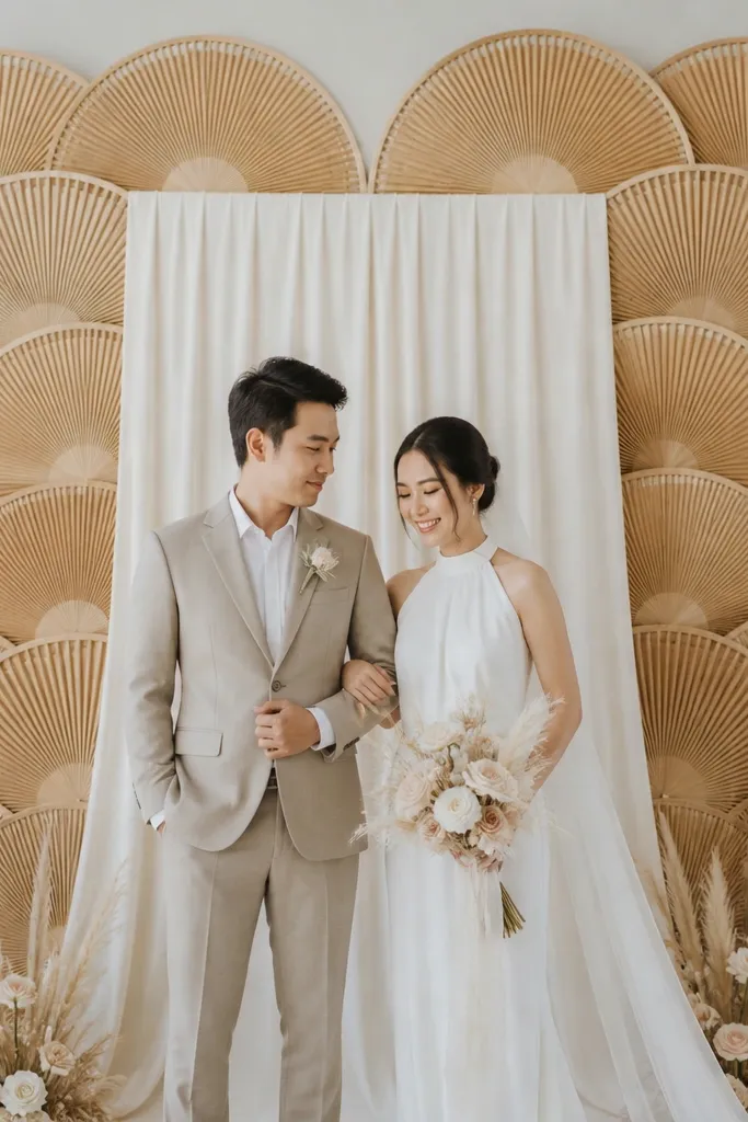 A backdrop made from several rattan folding fans arranged in a fan grid behind the couple, with a white fabric panel in the center.