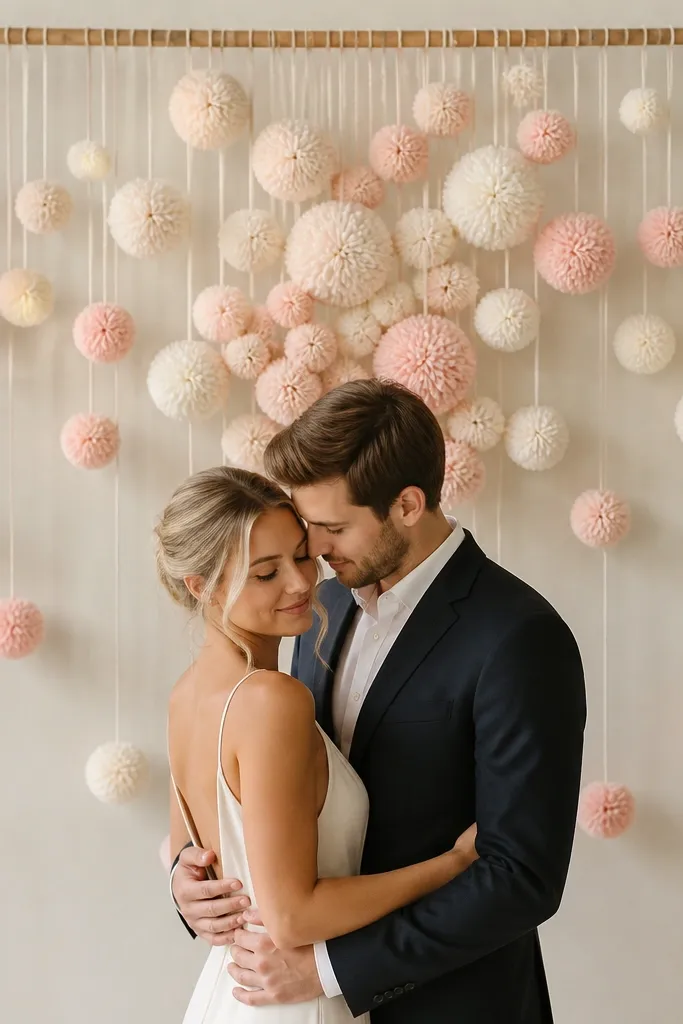 A swag of yarn pom-poms in cream and blush hanging from a top rod behind the couple, with pom-poms clustered in the center.