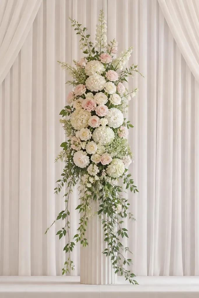 A tall column of faux white and blush flowers in a narrow vase-like structure at the center of the stage backdrop, with greenery spilling downward.