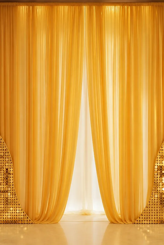 A stage backdrop made of warm marigold-gold sheer curtains layered in vertical folds, with two corner panels covered in small gold mirrors arranged in a curved fan shape; the center has a slightly open vertical gap for the couple.