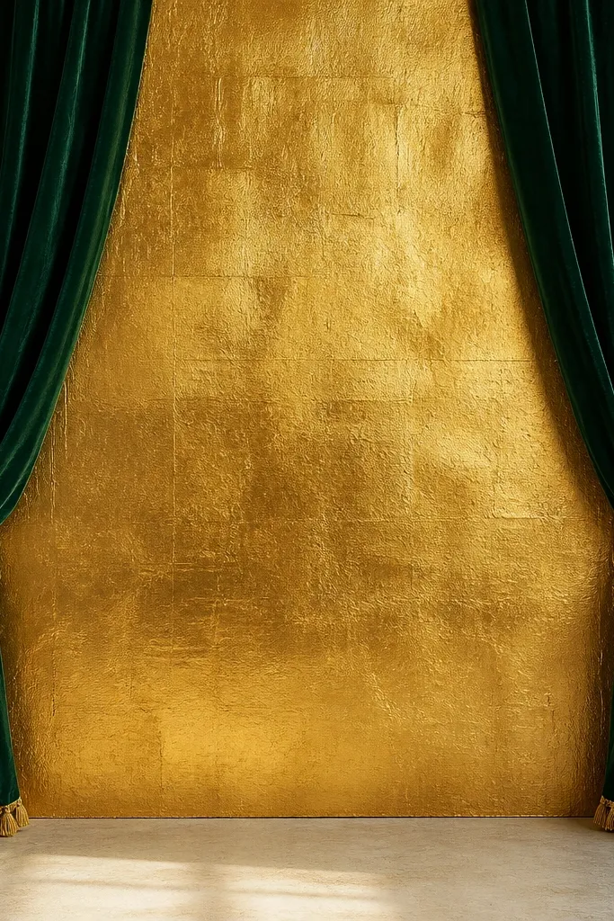 Deep emerald velvet curtains pulled to the sides, framing a central metallic gold foil backdrop panel; the bottom border has small golden tassels.