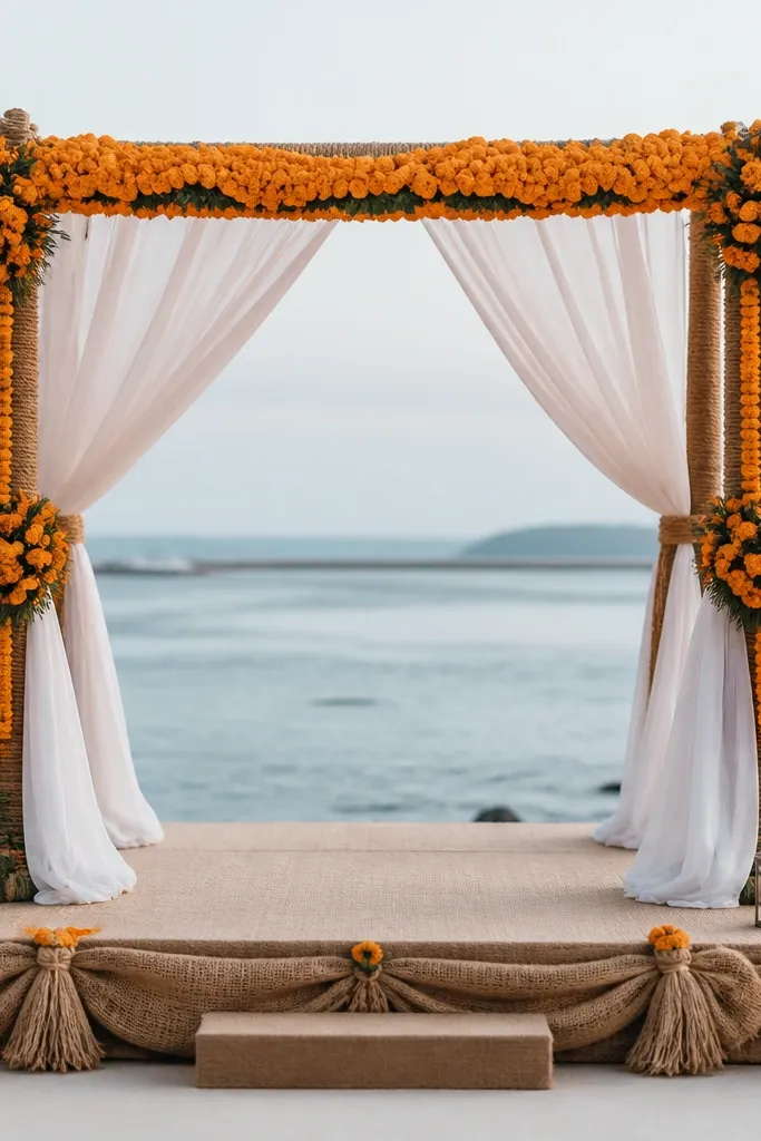 A rustic arch made from jute rope and simple wood frame, wrapped with marigold garlands and accented with white sheer drapes flowing down; the stage front has jute ribbons and small lanterns.