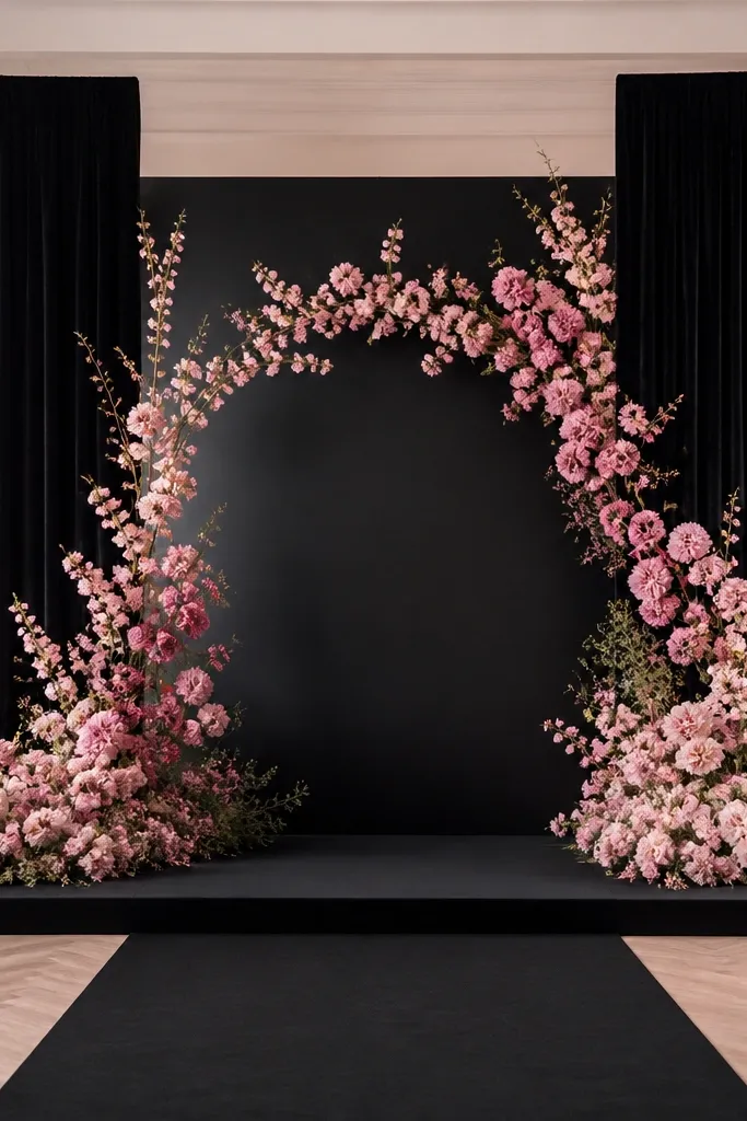 Two black velvet panels on the sides and a central black backdrop, with pink floral sprays arranged in a sweeping arc from left to right; the stage front has a slim black runner.