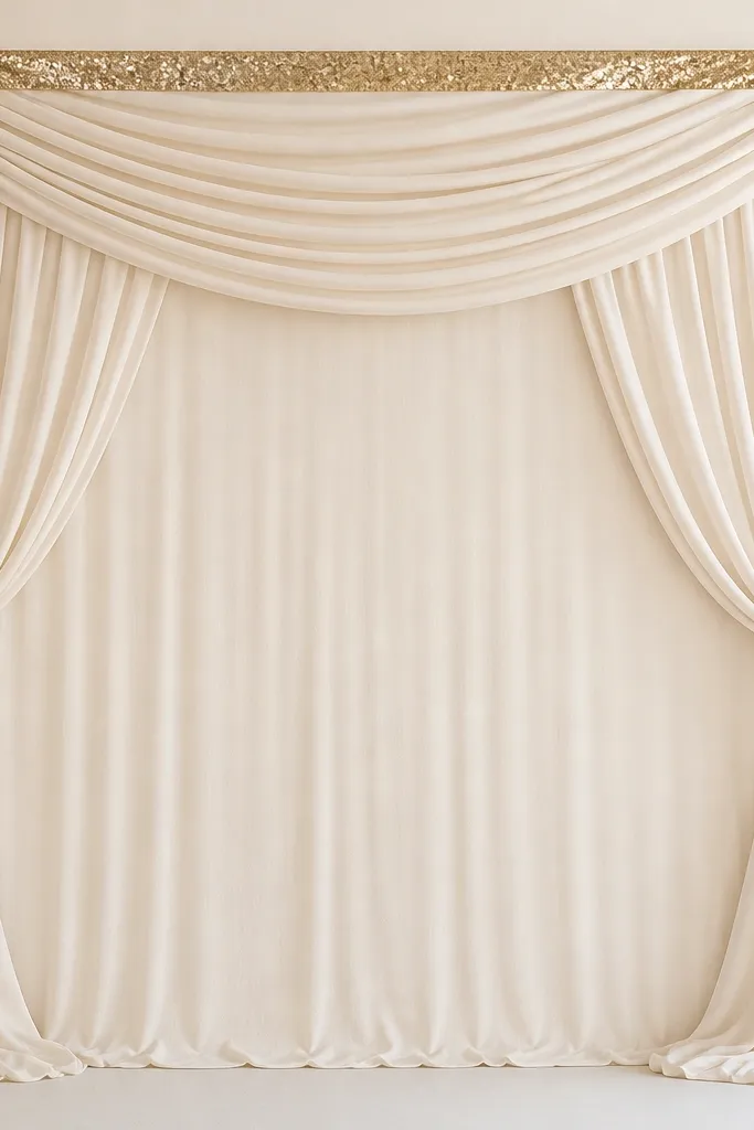 Ivory drapes gathered in soft folds across the backdrop, with a gold sequin trim running along the top and down the sides; the center has a clean panel for the couple.
