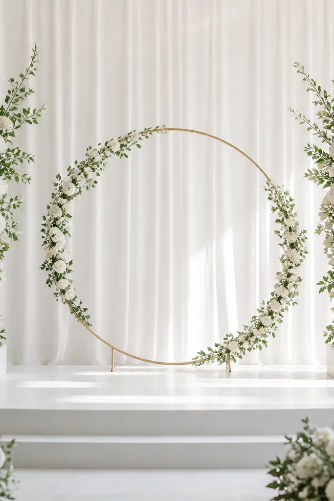 Two tall white floral columns on both sides of the stage, with a gold circular ring stand at center; the ring has small white flowers wrapped around it.