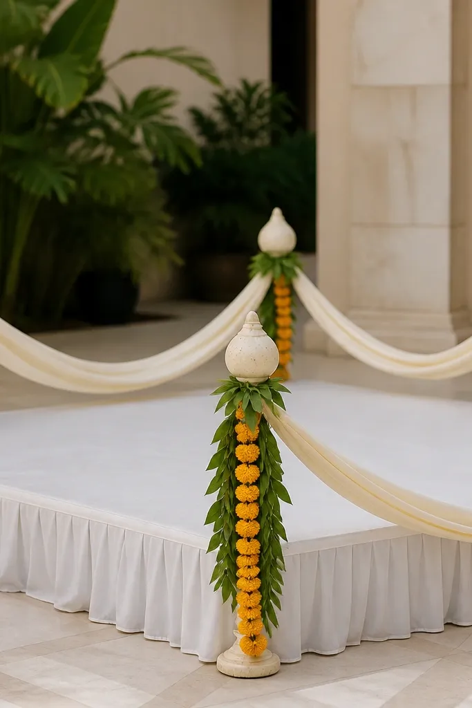 Stage corners decorated with coconut shells painted off-white, wrapped with small green leaves and marigold garlands, with a soft fabric drape connecting the corners.