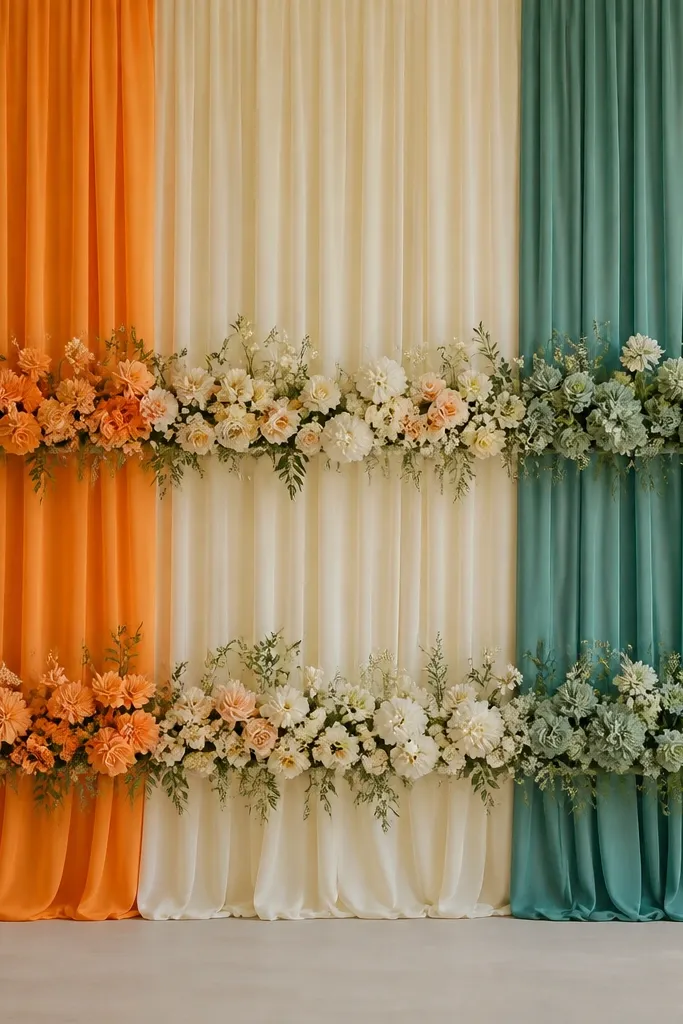 A backdrop split into three vertical color blocks (saffron, cream, and teal) using draped fabric, with matching floral ledges running horizontally across the center and lower back.