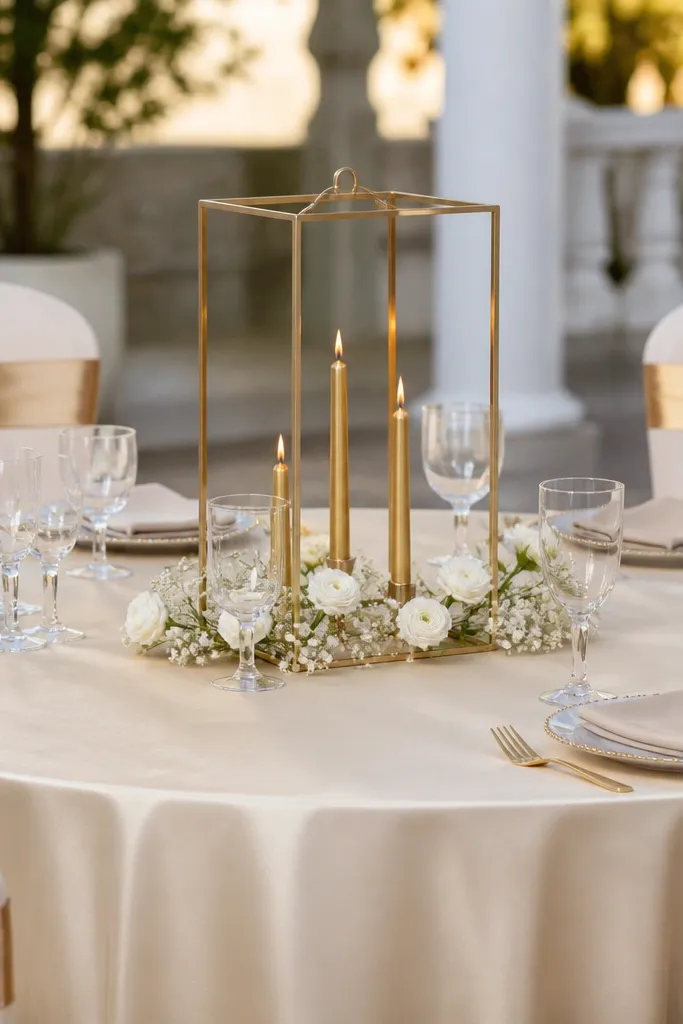 A champagne tablecloth with a gold geometric candle frame in the center. Three gold taper candles sit inside the frame. Minimal white floral stems are placed around the base. The chair backs have sleek gold ribbon bands.