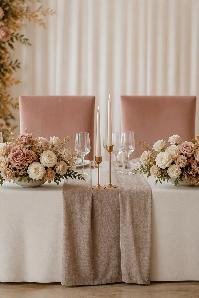 A cream tablecloth with a neutral textured runner (taupe). Chair backs are covered with dusty rose velvet panels. The sweetheart table has two low arrangements in cream and blush with warm gold accents. Gold flatware-style candle holders sit near the center.