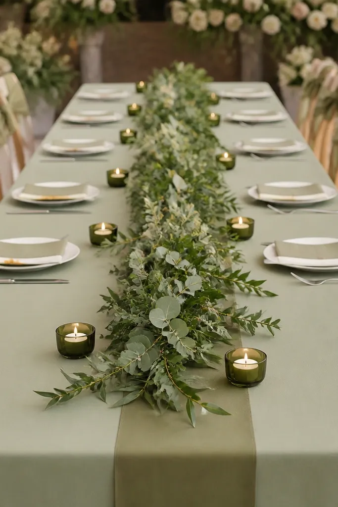 A sage green tablecloth with an olive ribbon line across the center. A long greenery garland runs down the middle with mixed green leaves. Small cream candles sit in olive holders. Chair backs have olive ribbon tied in neat bows.