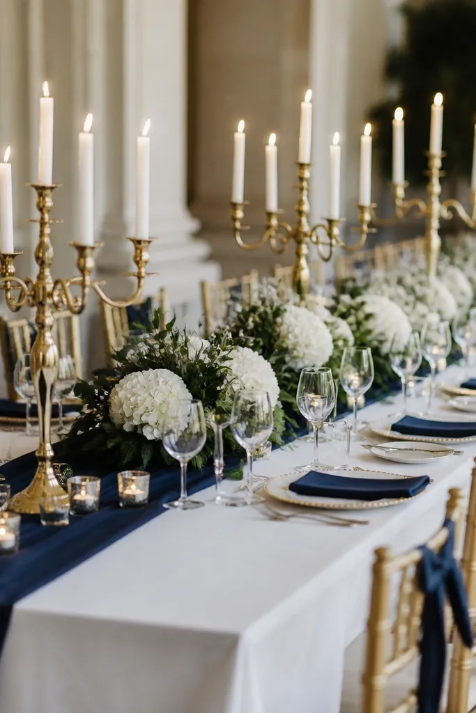 A long head table with a deep navy runner, brass candelabras at regular intervals, and velvet ribbon tied around chair backs; the floral is low and centered with white hydrangeas and greenery.