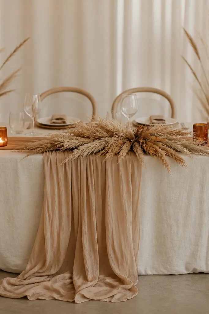 A sweetheart table with natural linen, a long runner of light tan fabric, and a scattered arrangement of dried pampas grass and wheat stalks near the center; warm amber votives line the edges.