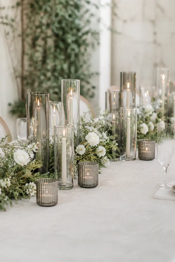 A long head table with clear and smoke-tinted glass candle holders arranged in a repeating pattern; the centerpiece is low greenery with small white blooms.