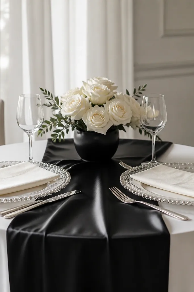 A sweetheart table with a black satin runner, pearl beaded charger accents, and a small centerpiece of white roses in a low black vase; silver flatware and ivory napkins create contrast.