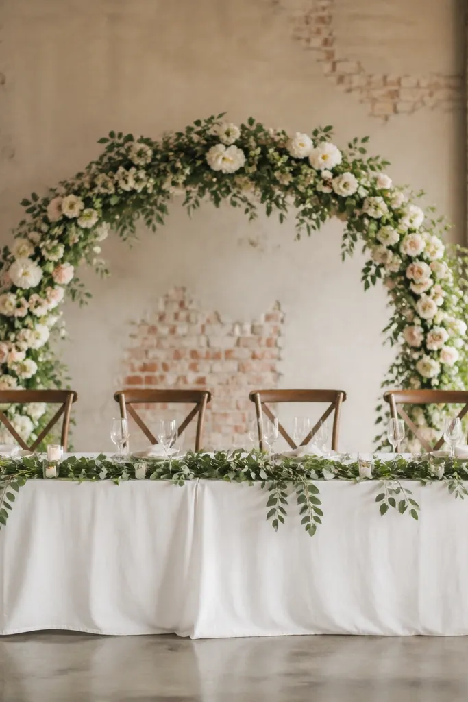 A head table with a white tablecloth and greenery garland along the length; behind the couple's end there is a floral arch that starts at chair-back height with white and blush flowers.