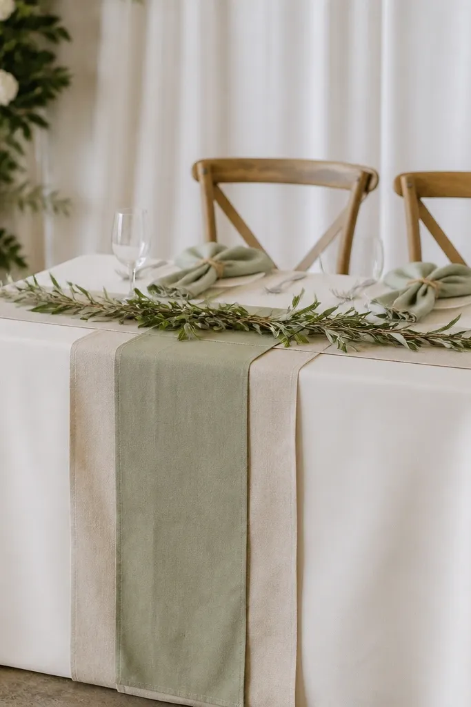 A sweetheart table with a cream tablecloth, a layered runner of oatmeal linen and a narrow sage strip, plus sage linen napkins folded with small twine bows; greenery sits in a thin line down the center.