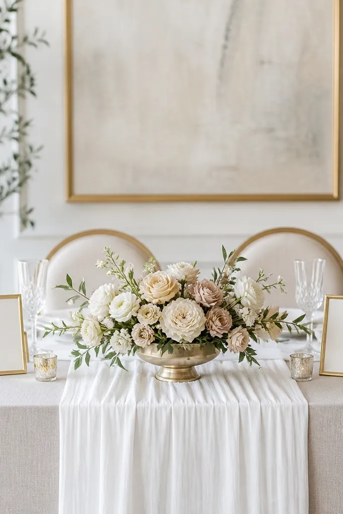 A sweetheart table with a white runner, a single low bouquet in a wide gold vase at center, and gold-framed menu cards placed symmetrically on both sides.