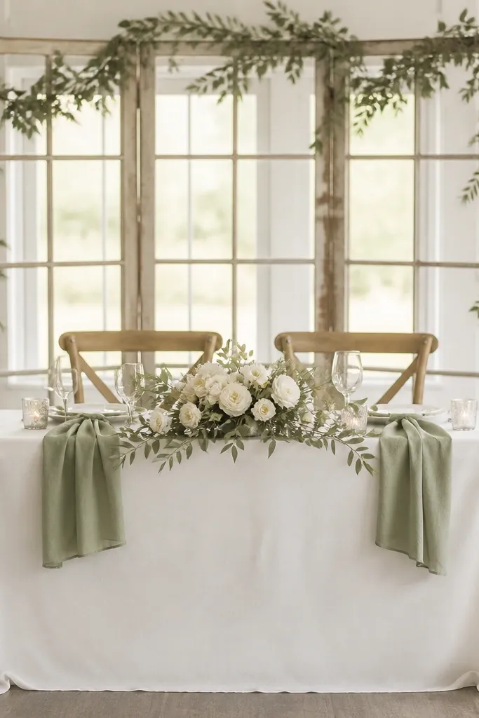 A sweetheart table with a simple white tablecloth, sage napkins, and a window-frame style backdrop behind the chairs; sage greenery drapes lightly across the frame.