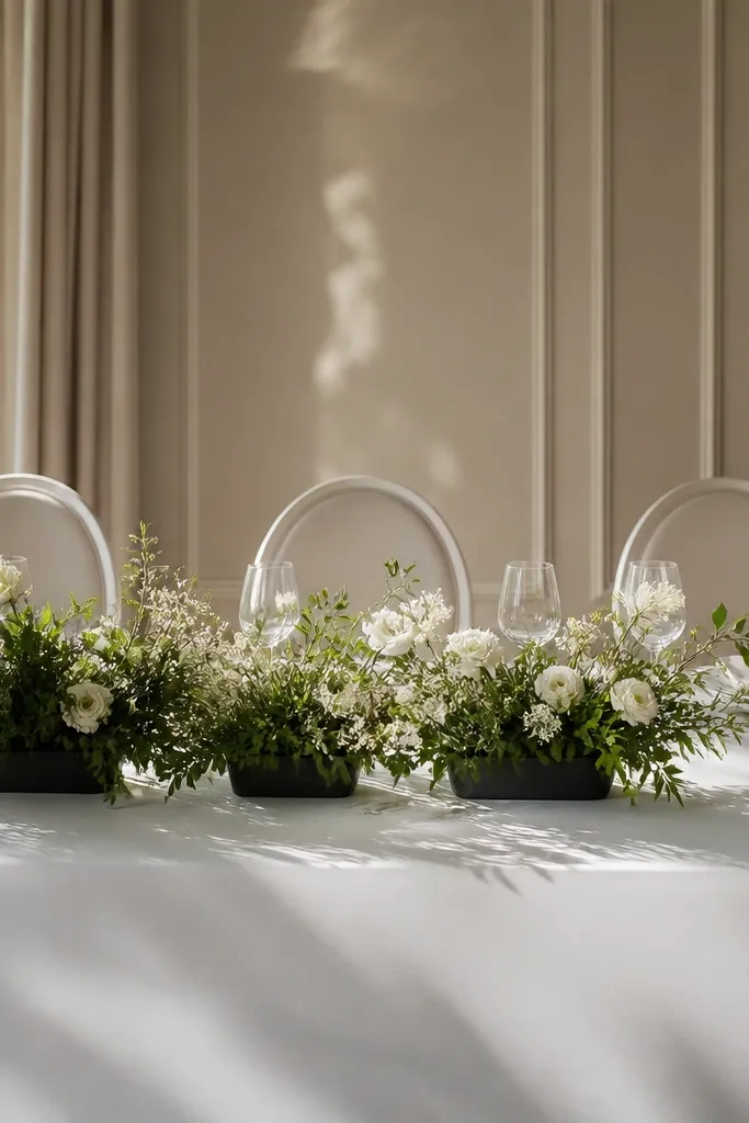 A head table with a white tablecloth, black planters placed low along the center, and greenery with white blooms; lighting creates soft shadows across the runner.