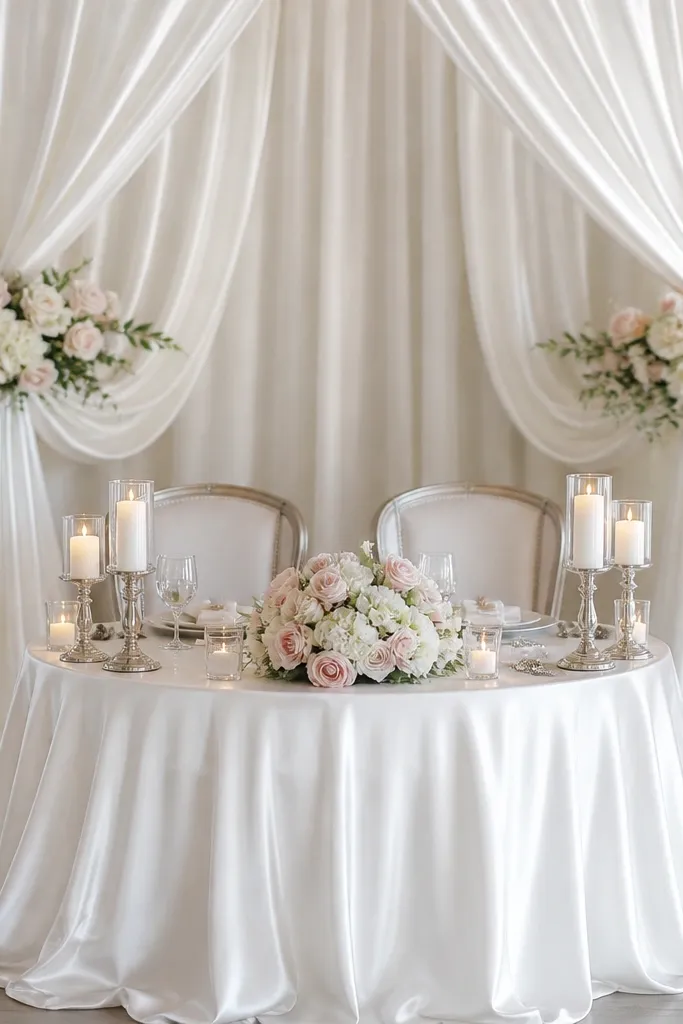 A sweetheart table with a white satin canopy draped above the couple's chairs, soft white and blush florals at chair-back height, and candles on the table in silver holders.