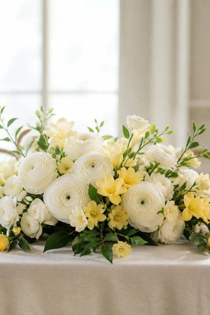 A bright sweetheart table arrangement with ivory ranunculus clustered low across the center, pale yellow freesia threaded through, and a few small lemon-yellow buds punctuating the sides. Glossy green leaves peek through between blooms.