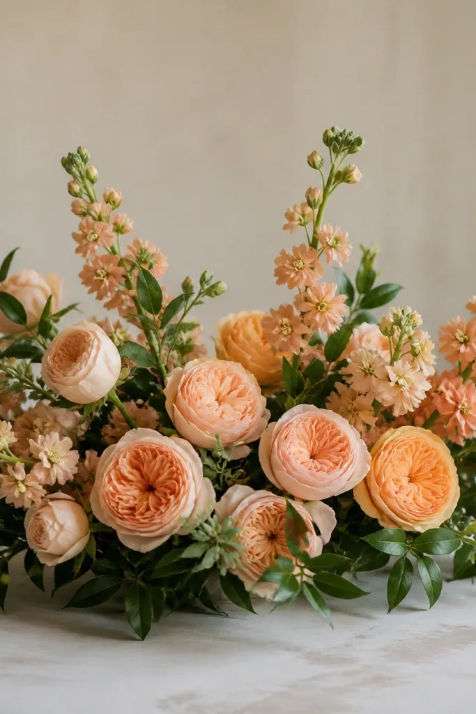 A low peach centerpiece with garden roses in apricot-peach tones, vertical-looking apricot stock blooms, and ruscus greenery filling the gaps. The arrangement has a soft front edge and a fuller back.