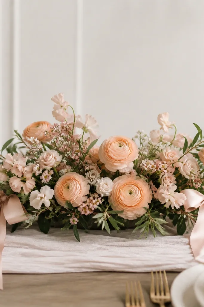 A low arrangement of peach ranunculus and small blush blooms, with blush satin ribbon tied in bows at the ends of the greenery. The ribbons drape slightly over the table runner.