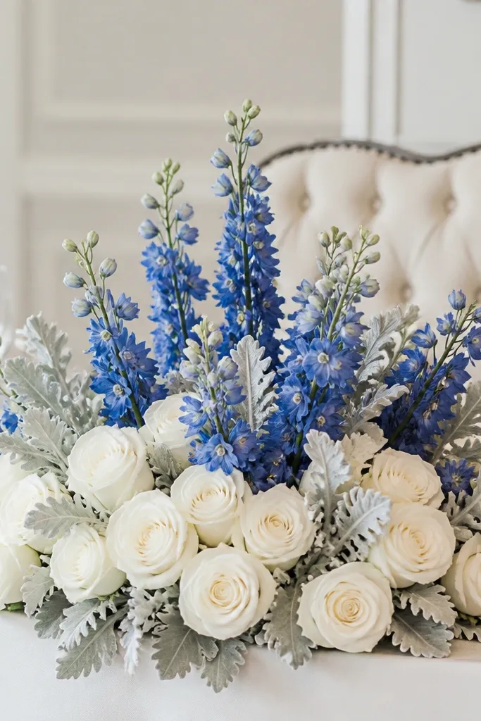 A sweetheart table centerpiece with white roses as the base, tallish royal blue delphinium spikes rising slightly above a low cushion, and silver dusty miller leaves filling the background. The palette looks crisp and formal.