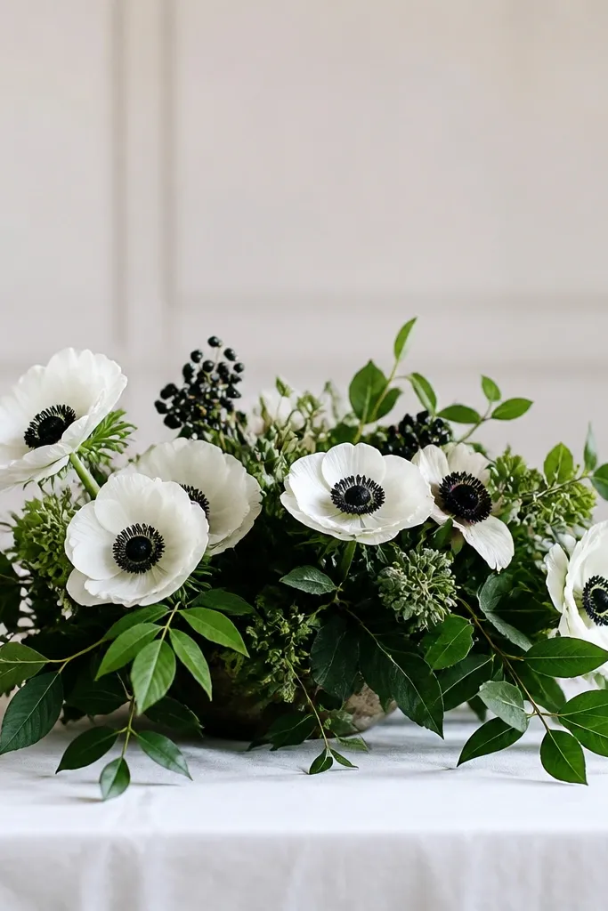 A low sweetheart table centerpiece with white anemone flowers that have dark centers, surrounded by deep green leaves. A few black berries or dark pods are tucked near the back for contrast.