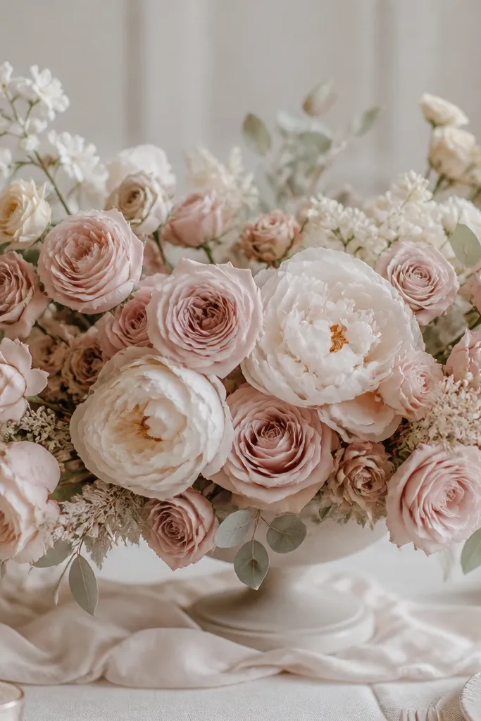 A monochrome blush arrangement with many blush roses and a few larger cream peony-like blooms placed in the center. The greens are pale and airy, and the whole centerpiece looks soft and layered.