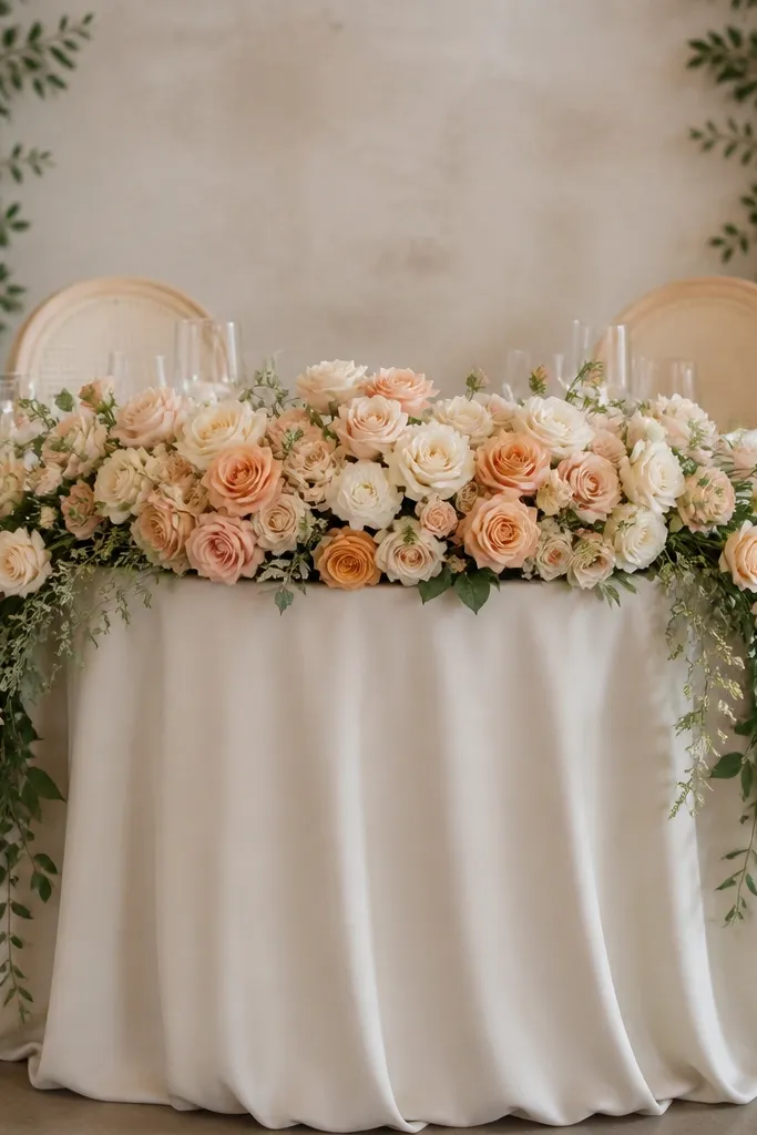 A low sweetheart table arrangement with peach and champagne spray roses forming a main cushion, plus corner "waterfall" drapes that fall slightly over the table edge. Light greenery frames the drapes.