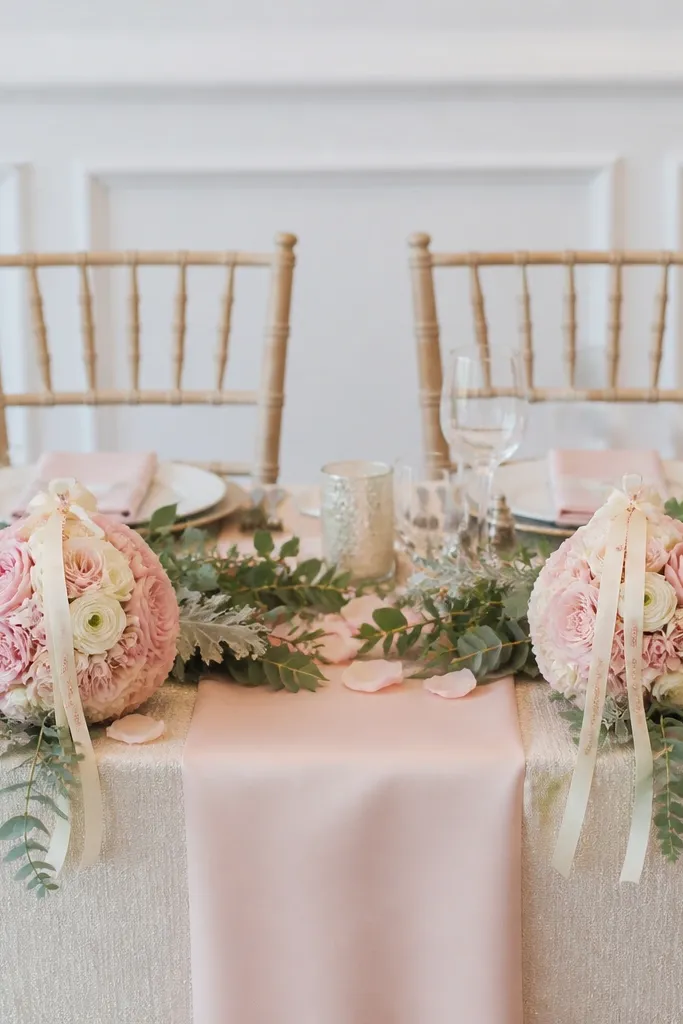 A sweetheart table with two low floral pomanders made from blush garden roses, pale pink spray roses, and creamy ranunculus, each pomander wrapped in soft blush satin and hung by thin ivory ribbon. The pomanders sit on either side of the table runner, surrounded by loose greenery like dusty miller and baby eucalyptus. Small clusters of light rose quartz glass beads sparkle at the ribbon knots, with a few scattered rose petals along the runner edge.